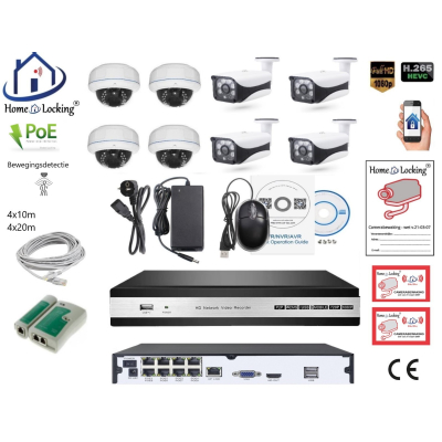 Home-Locking camerasysteem met bewegingsdetectie en NVR 5.0MP H.265 POE en 4 dome en 4 bullet camera's 3.0MP CS-8-1445D