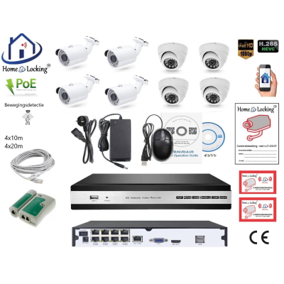 Home-Locking camerasysteem met bewegingsdetectie en NVR 5.0MP H265 POE met 4 dome en 4 bullet camera's 3.0MP CS-8-487D