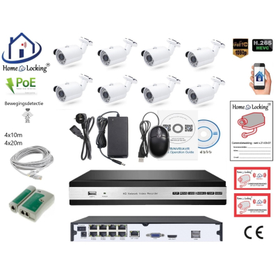 Home-Locking camerasysteem met bewegingsdetectie en NVR 5.0MP H265 POE en 8 bullet camera's  3.0MP CS-8-489D