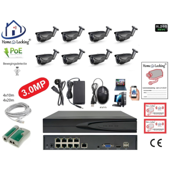 Home-Locking camerasysteem met NVR 8ch 8.0MP H265 POE met 8 bullet metaal camera's 3.0MP. CS-8-494D 