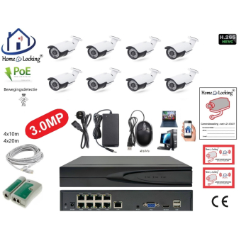 Home-Locking camerasysteem met bewegingsdetectie en NVR 8ch 8.0MP H265 POE met 8 bullet metaal camera's 3.0MP. CS-8-1475