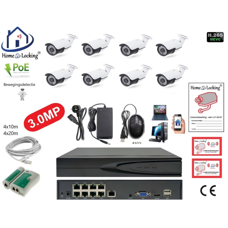 Home-Locking camerasysteem met bewegingsdetectie en NVR 8ch 8.0MP H265 POE met 8 bullet metaal camera's 3.0MP. CS-8-1475