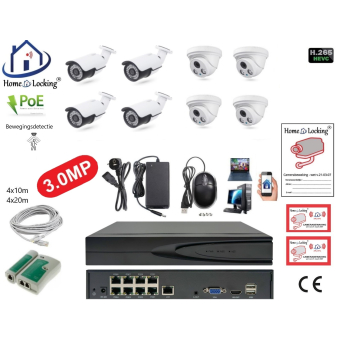 Home-Locking camerasysteem met bewegingsdetectie en NVR 8ch 8.0MP H265 POE met 4 dome pvc en 4 bullet metaal camera's 3.0MP. CS-8-1481
