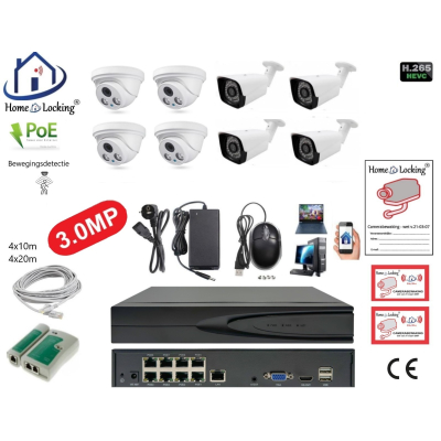 Home-Locking camerasysteem met bewegingsdetectie en NVR 8ch 8.0MP H265 POE met 4 dome pvc en 4 bullet metaal camera's 3.0MP CS-8-1519