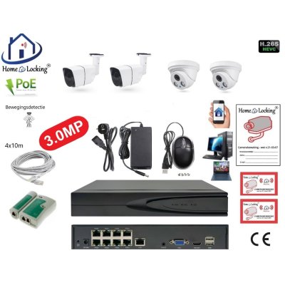 Home-Locking camerasysteem met bewegingsdetectie en NVR 8ch 8.0MP H265 POE met 2 bullet metaal en 2 dome pvc camera's 3.0MP. CS-4-1473
