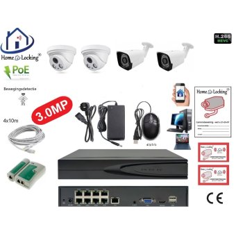 Home-Locking camerasysteem met bewegingsdetectie en NVR 8ch 8.0MP H265 POE met 2 dome pvc en 2 bullet metaal camera's 3.0MP CS-4-1519