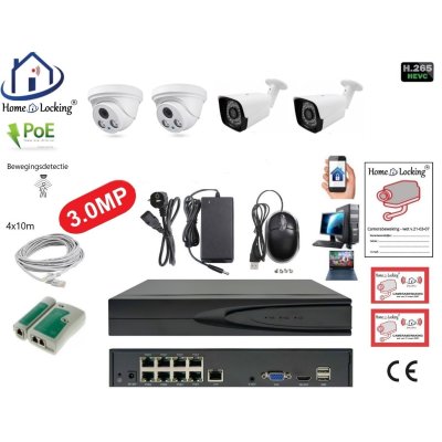 Home-Locking camerasysteem met bewegingsdetectie en NVR 8ch 8.0MP H265 POE met 2 dome pvc en 2 bullet metaal camera's 3.0MP CS-4-1519