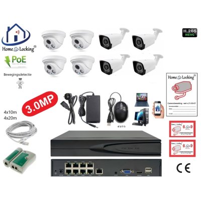 Home-Locking camerasysteem met bewegingsdetectie en NVR 8ch 8.0MP H265 POE met 4 dome pvc en 4 bullet metaal camera's 3.0MP CS-8-1519