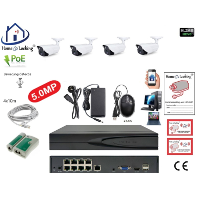 Home-Locking camerasysteem met bewegingsdetectie en NVR 8ch 8.0MP H265 POE met 4 bullet camera's 1944P 5.0MP. CS-4-1464