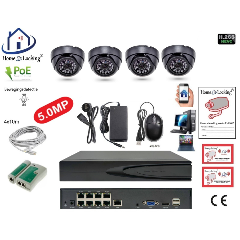 Home-Locking camerasysteem met bewegingsdetectie en NVR 8ch 8.0MP H265 POE met 4 dome camera's metaal 5.0MP. CS-4-1537