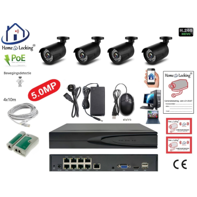 Home-Locking camerasysteem met bewegingsdetectie en NVR 8ch 8.0MP H265 POE met 4 bullet metaal camera's 5.0MP CS-4-1538