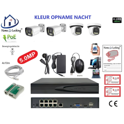 Home-Locking camerasysteem met bewegingsdetectie en NVR 8ch 8.0MP H265 POE met 2 dome en 2 bullet camera's 1944P 5.0MP. CS-4-1604KL