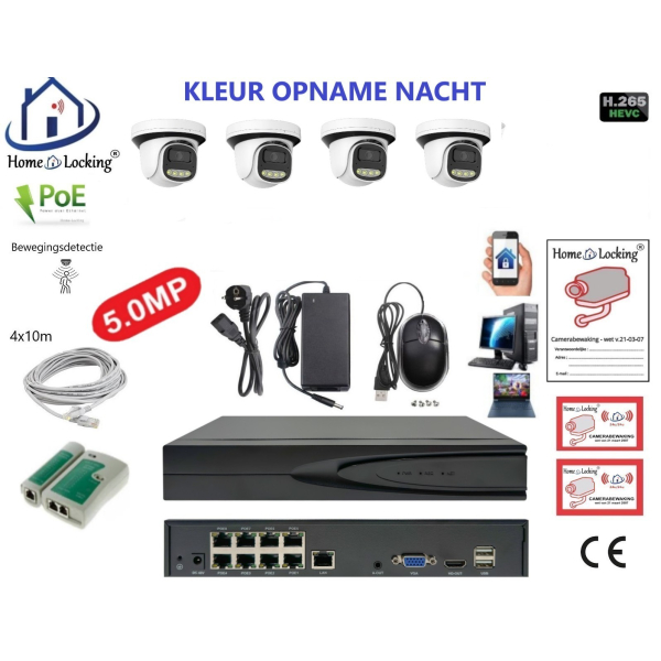 Home-Locking camerasysteem met bewegingsdetectie en NVR 8ch 8.0MP H265 POE met 4 dome camera's 1944P 5.0MP. CS-4-1605KL