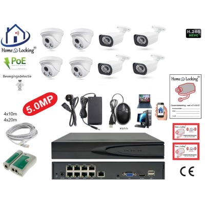 Home-Locking camerasysteem met bewegingsdetectie en NVR 8ch 8.0MP H265 POE met 4 bullet metaal en 4 dome metaal camera's 1944P 5.0MP CS-8-1434