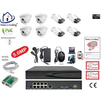Home-Locking camerasysteem met bewegingsdetectie en NVR 8ch 8.0MP H265 POE met 4 dome metaal en 4 bullet metaal camera's 5.0MP CS-8-1522