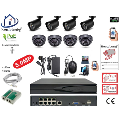 Home-Locking camerasysteem met NVR 8ch 8.0MP H265 POE met 4 bullet en 4 dome camera's metaal 5.0MP CS-8-1539