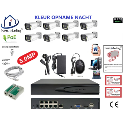 Home-Locking camerasysteem met bewegingsdetectie en NVR 8ch 8.0MP H265 POE met 8 bullet camera's 1944P 5.0MP. CS-8-1604KL