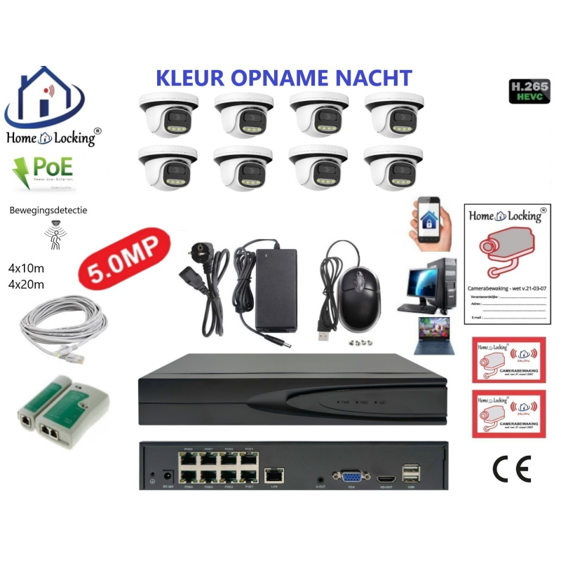 Home-Locking camerasysteem met bewegingsdetectie en NVR 8ch 8.0MP H265 POE met 8 dome camera's 1944P 5.0MP. CS-8-1605KL