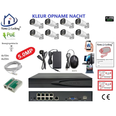 Home-Locking camerasysteem met bewegingsdetectie en NVR 8ch 8.0MP H265 POE met 8 bullet camera's 1944P 5.0MP. CS-8-1606KL