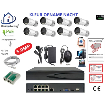Home-Locking camerasysteem met bewegingsdetectie en NVR 8ch 8.0MP H265 POE met 8 bullet camera's 1944P 5.0MP. CS-8-1607KL