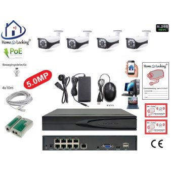 Home-Locking camerasysteem met bewegingsdetectie en NVR 8ch 8.0MP H265 POE met 4 bullet camera's 1944P 5.0MP. CS-4-1541
