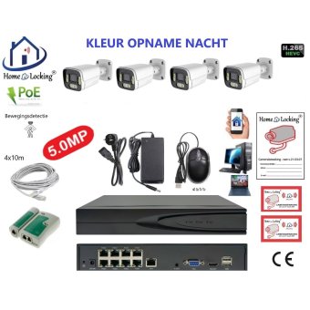 Home-Locking camerasysteem met bewegingsdetectie en NVR 8ch 8.0MP H265 POE met 4 bullet camera's 1944P 5.0MP. CS-4-1603KL