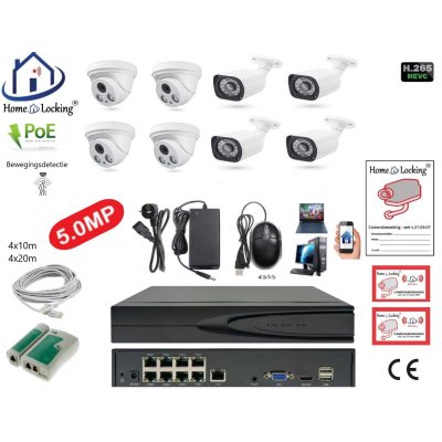 Home-Locking camerasysteem met bewegingsdetectie en NVR 8ch 8.0MP H265 POE met 4 bullet metaal en 4 dome metaal camera's 1944P 5.0MP CS-8-1434