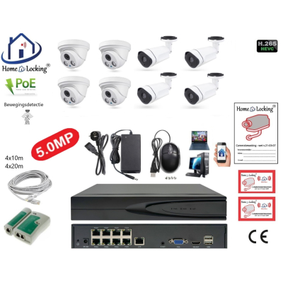 Home-Locking camerasysteem met bewegingsdetectie en NVR 8ch 8.0MP H265 POE met 4 bullet metaal en 4 dome metaal camera's 1944P 5.0MP CS-8-1435