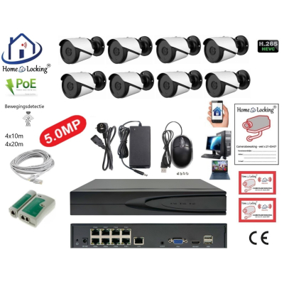 Home-Locking camerasysteem met bewegingsdetectie en NVR 8ch 8.0MP H265 POE met 8 bullet metaal camera's 1944P 5.0MP CS-8-1451