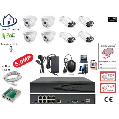 Home-Locking camerasysteem met bewegingsdetectie en NVR 8ch 8.0MP H265 POE met 4 dome metaal en 4 bullet metaal camera's 5.0MP CS-8-1522