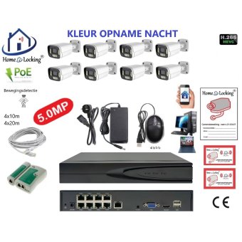 Home-Locking camerasysteem met bewegingsdetectie en NVR 8ch 8.0MP H265 POE met 8 bullet camera's 1944P 5.0MP. CS-8-1604KL