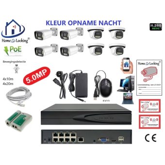 Home-Locking camerasysteem met bewegingsdetectie en NVR 8ch 8.0MP H265 POE met 4 dome en 4 bullet camera's 1944P 5.0MP. CS-8-1604KL