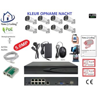 Home-Locking camerasysteem met bewegingsdetectie en NVR 8ch 8.0MP H265 POE met 8 bullet camera's 1944P 5.0MP. CS-8-1606KL