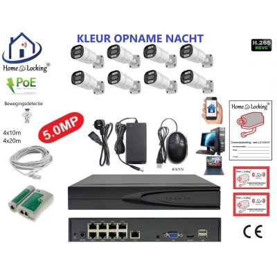 Home-Locking camerasysteem met bewegingsdetectie en NVR 8ch 8.0MP H265 POE met 8 bullet camera's 1944P 5.0MP. CS-8-1606KL