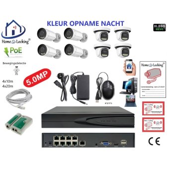 Home-Locking camerasysteem met bewegingsdetectie en NVR 8ch 8.0MP H265 POE met 4 bullet en 4 dome camera's 1944P 5.0MP. CS-8-1608KL
