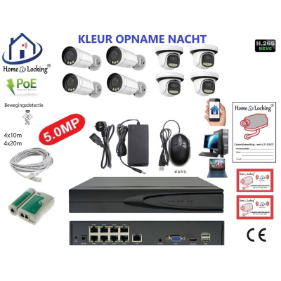 Home-Locking camerasysteem met bewegingsdetectie en NVR 8ch 8.0MP H265 POE met 4 bullet en 4 dome camera's 1944P 5.0MP. CS-8-1608KL