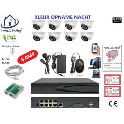 Home-Locking camerasysteem met bewegingsdetectie en NVR 8ch 8.0MP H265 POE met 8 dome camera's 2160P 8.0MP. CS-8-1600KL