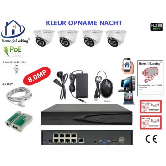 Home-Locking camerasysteem met bewegingsdetectie en NVR 8ch 8.0MP H265 POE met 4 dome camera's 2160P 8.0MP. CS-4-1600KL