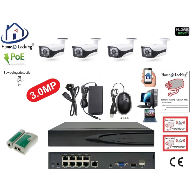 Home-Locking camerasysteem met NVR 8ch 8.0MP H265 POE met 4 bullet metaal camera's 3.0MP. CS-4-1450