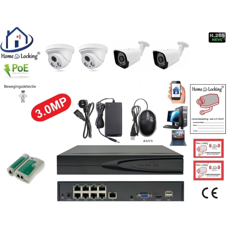 Home-Locking camerasysteem met bewegingsdetectie en NVR 8ch 8.0MP H265 POE met 2 dome pvc en 2 bullet metaal camera's 3.0MP CS-4-1519