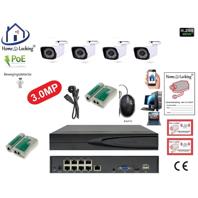Home-Locking camerasysteem met bewegingsdetectie en NVR 8ch 8.0MP H265 POE met 4 bullet metaal camera's 3.0MP CS-4-1531