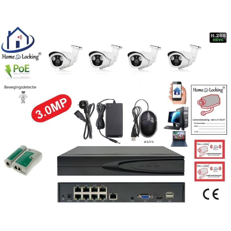 Home-Locking camerasysteem met NVR 8ch 8.0MP H265 POE met 4 bullet metaal camera's 3.0MP. CS-4-480