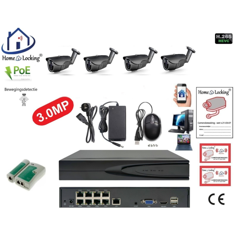Home-Locking camerasysteem met NVR 8ch 8.0MP H265 POE met 4 bullet metaal camera's 3.0MP. CS-4-494D