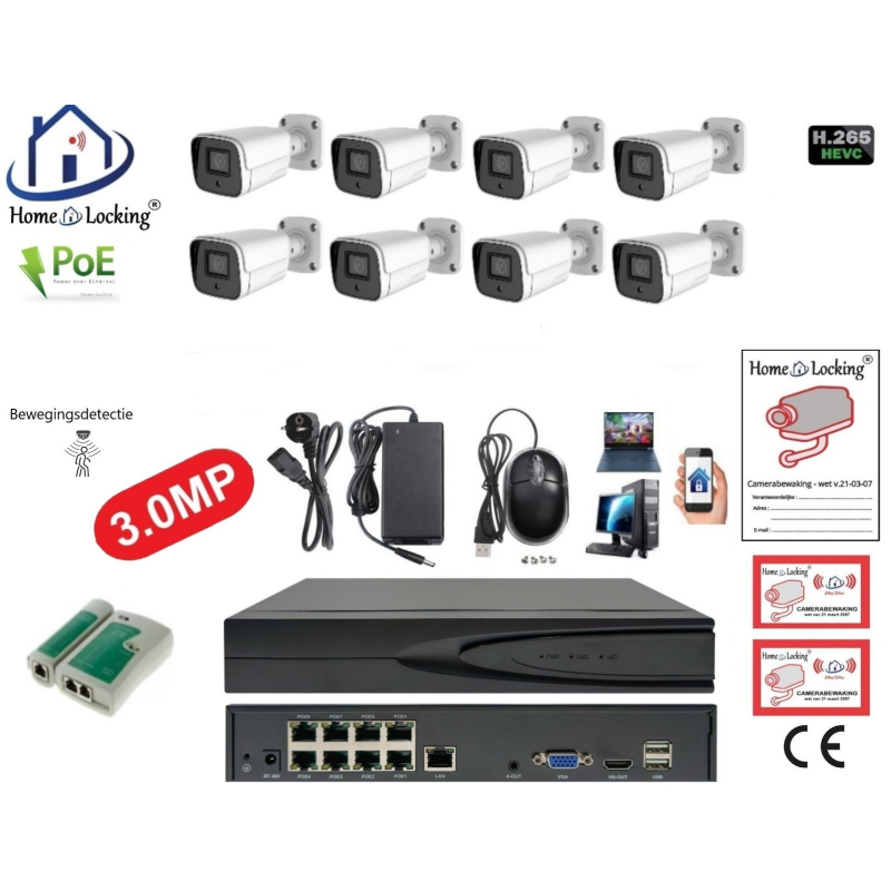 Home-Locking camerasysteem met bewegingsdetectie en NVR 8ch 8.0MP H265 POE met 8 dome metaal camera's 3.0MP. CS-8-1452