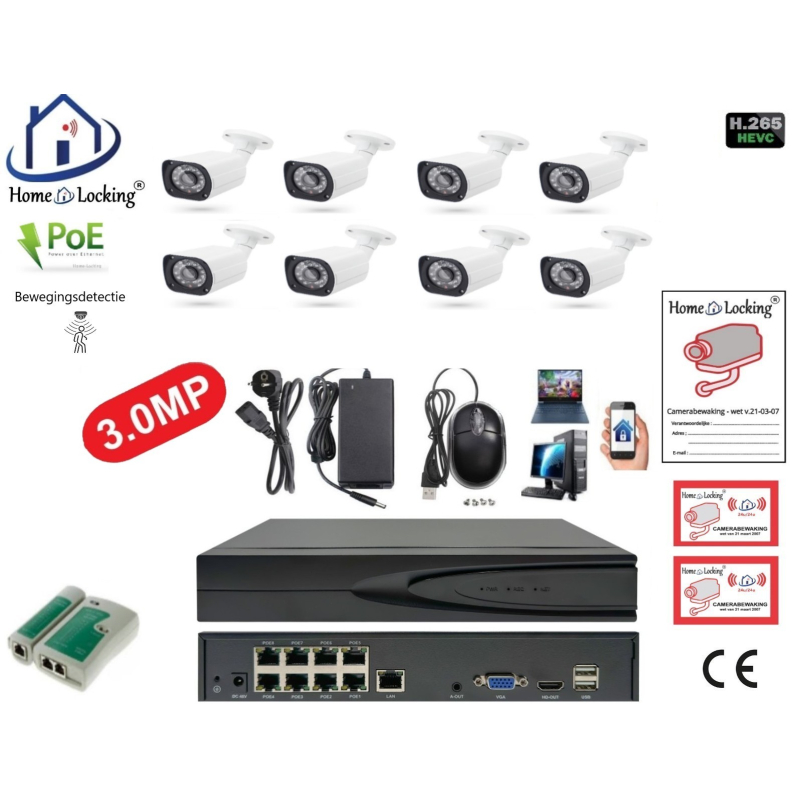 Home-Locking camerasysteem met NVR 5.0MP H265 POE met 8 bullet camera's 3.0MP CS-8-1516