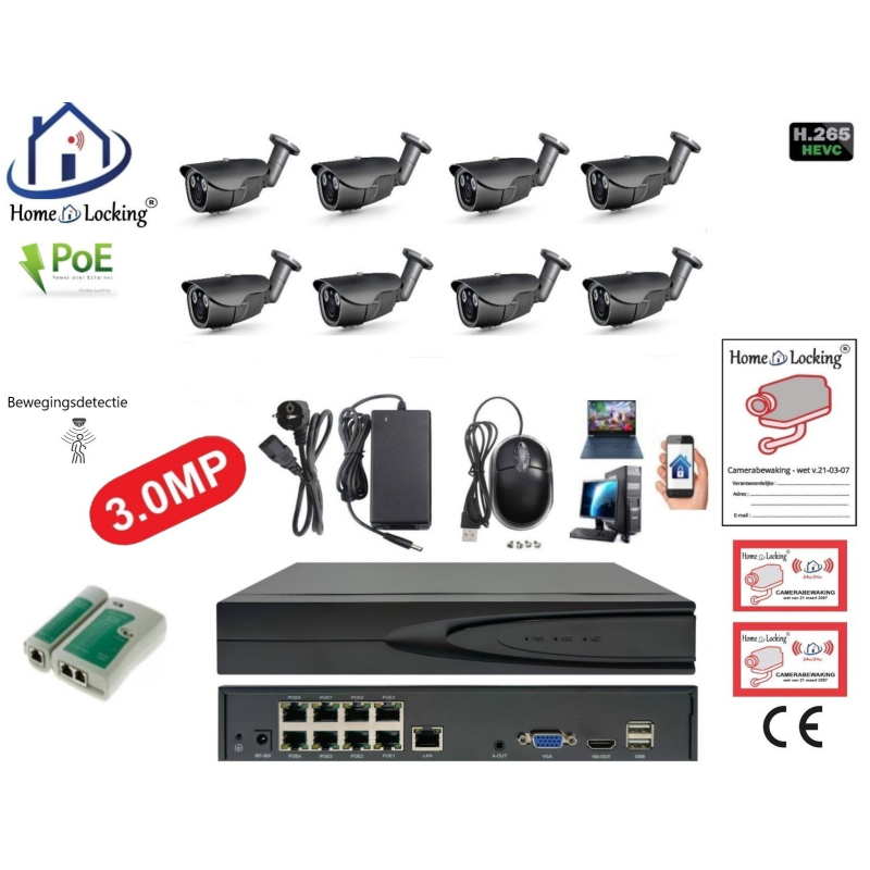 Home-Locking camerasysteem met NVR 8ch 8.0MP H265 POE met 8 bullet metaal camera's 3.0MP. CS-8-494D 