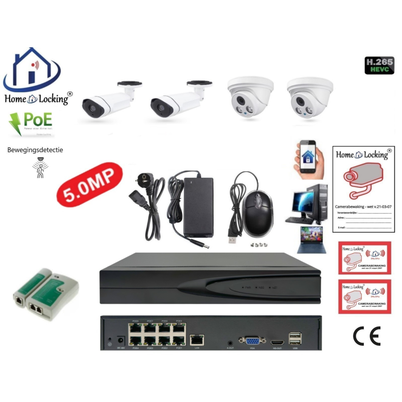 Home-Locking camerasysteem met NVR 5.0MP H265 POE met 2 dome metaal en 2 bullet metaal camera's 1944P 5.0MP CS-4-1406