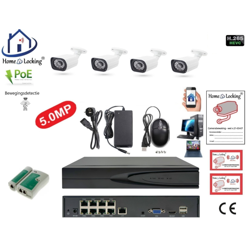 Home-Locking camerasysteem met NVR 5.0MP H265 POE en 4 camera's 1944P 5.0MP CS-4-1430