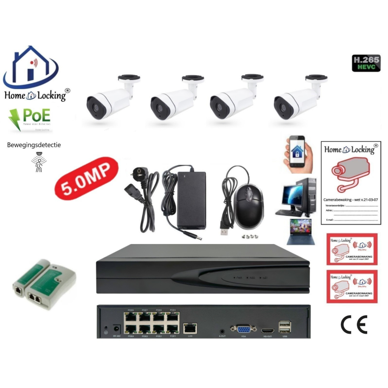Home-Locking camerasysteem met NVR 5.0MP H265 POE met 4 camera's 1944P 5.0MP CS-4-1431