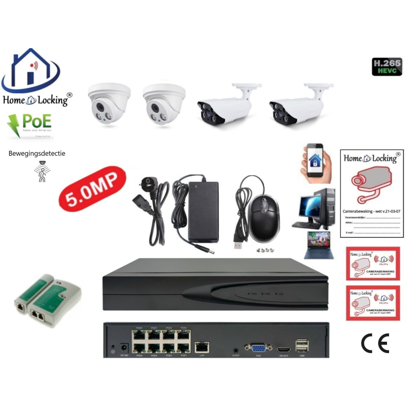 Home-Locking camerasysteem met bewegingsdetectie en NVR 8ch 8.0MP H265 POE met 2 dome pvc en 2 bullet metaal camera's 1944P 5.0MP. CS-4-1456
